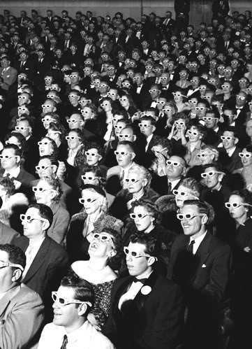black and white photos of people. 3d glasses, lack and white,