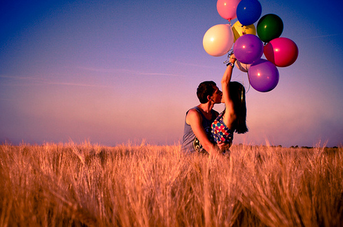balloons, boy, couple, field, girl, kiss