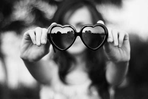 b&w, black and white and heart-shaped glasses
