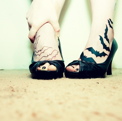 bats, girl, heels, high heels, pale, tattoo