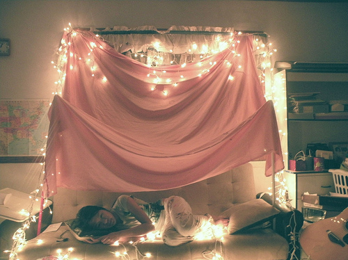 bed, fort and girl