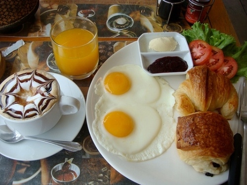 bread, breakfast and cappuccino