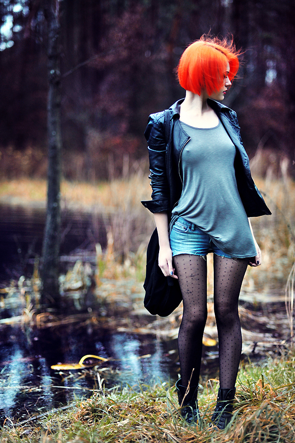 bright, girl, hair, jeans, lake, lost