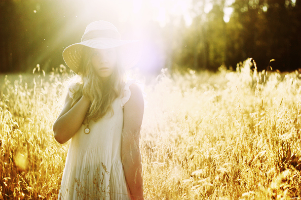 dress, girl, hat, light, meadow, sunlight