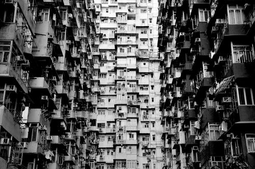 apartments, black and white and building