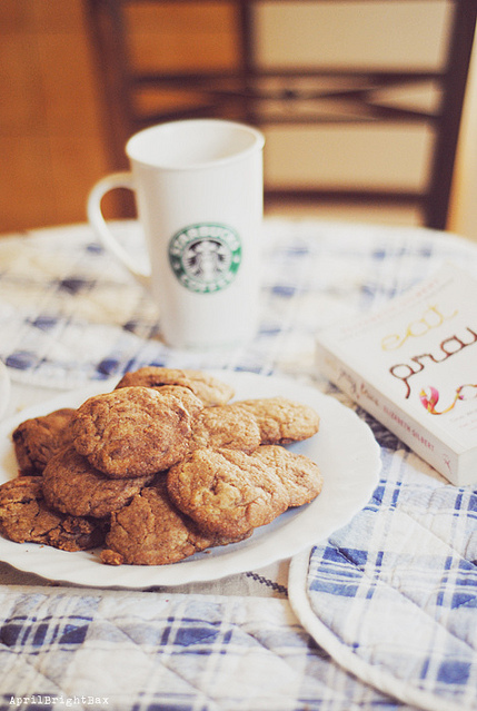 book, coffee and cookie
