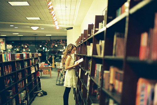 books, girl and lights