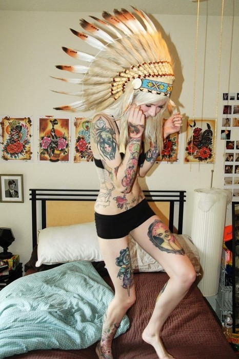 feathers girl idiot indian skinny tattoo