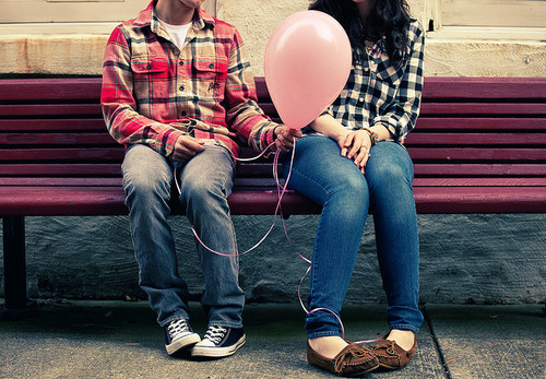 balloon, bench, boy, cute, girl, love