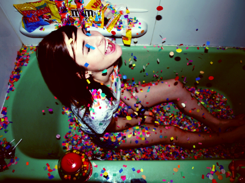bath, brunette, colors, confetti, girl, laugh