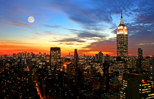 city, empire state building, full moon, moon, new york, new york city