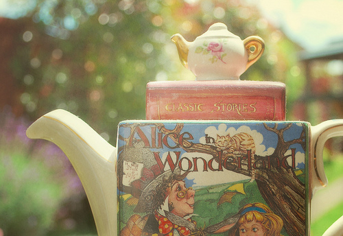 alice in wonderland, books and teapot