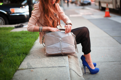 bag, blue, girl, heels, shoes