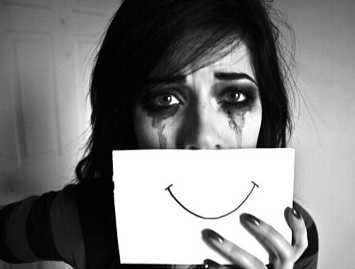 black & white, cry girl, depressed, emotive, fake smile, girl