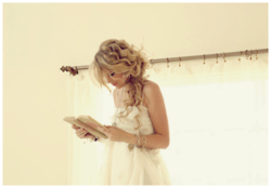 blonde,  book and  dress