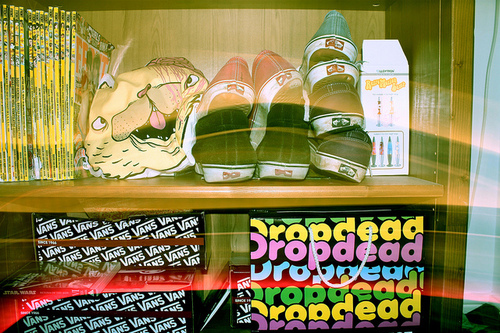 drop dead, magazine and shoes
