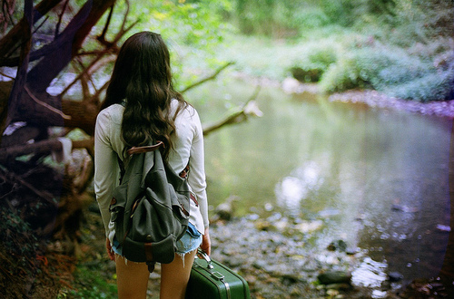 backpack, girl and river