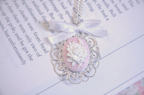 blue, book, bow, cameo, jewelry, necklace