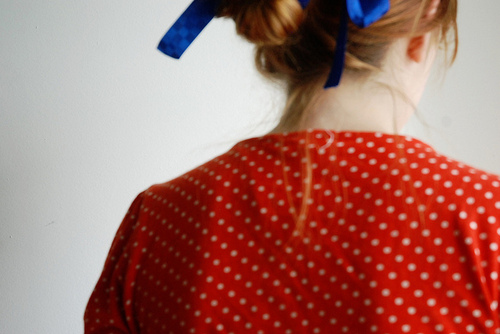 back, blonde, bow, girl, hair bow, polka dots