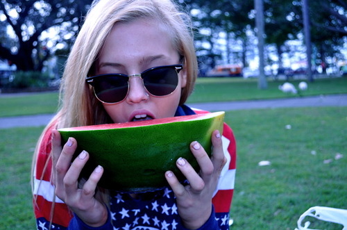 american flag, blonde, fashion, girl, sunglasses, watermelon