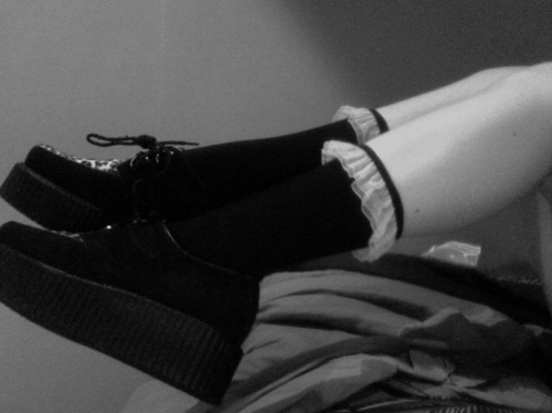 black and white, brothel creepers and legs