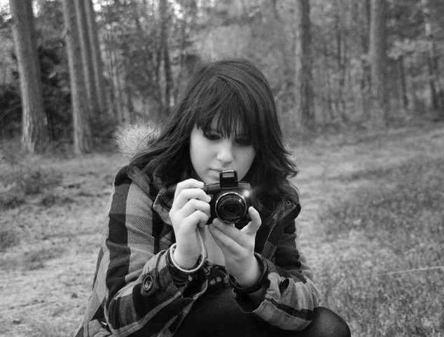 black and white, camera and forest