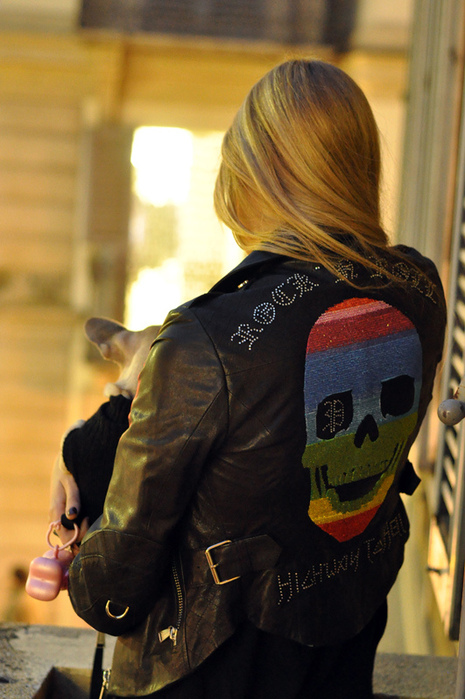 blonde, girl and leather jacket