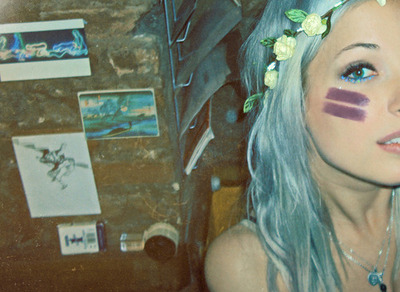blue hair,  face and  flowers