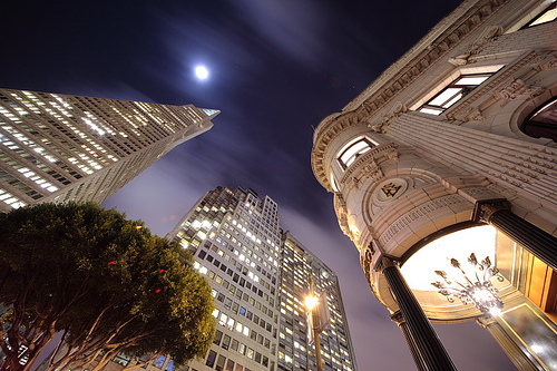 buildings, moon and night