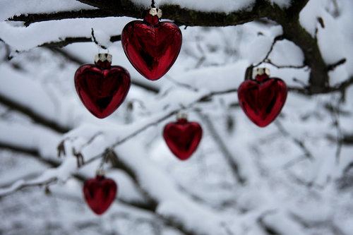christmas, heart, hearts, red, snow, tree