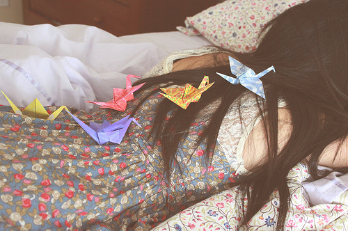 art, artsy, bed, blue, brunette, coloful