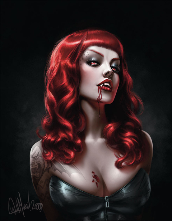 beauty, blood, illustration, red hair, tatoo, vampire