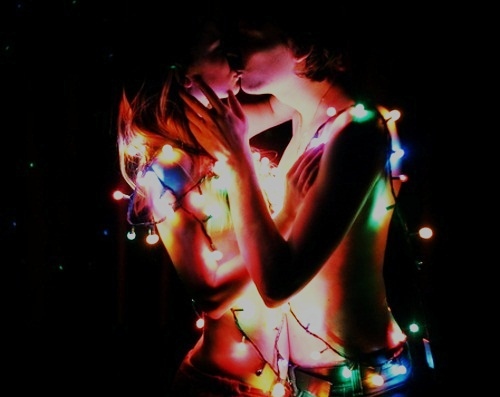 couple, kiss and lights