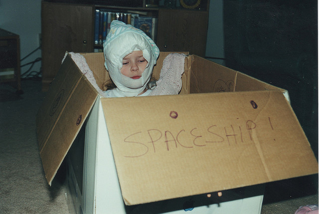 astronaut, box and kid