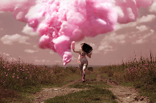 brunette, cotton candy, field, flowers, girl, heaven