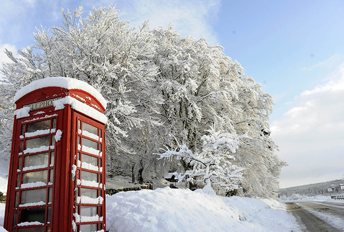 red, snow and telephone box