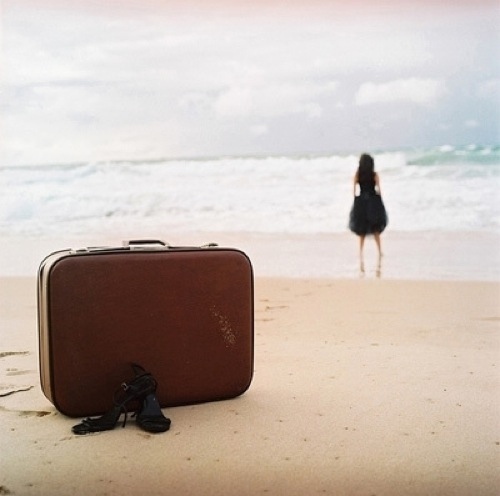 beach, girl and luggage