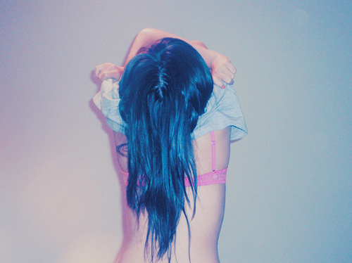 blue, blue hair and bra