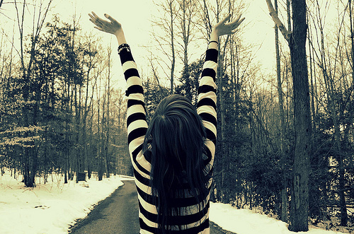 girl, snow and stripes
