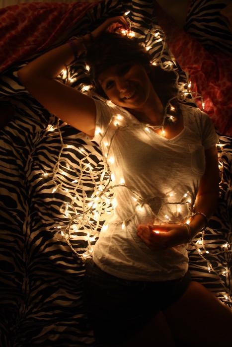 bed, brown hair and christmas lights
