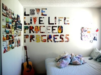 bed, bedroom, guitar, magazine cutouts, pictures