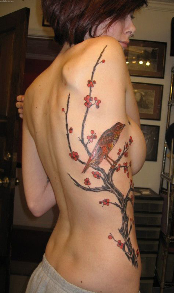 bird, cherry blossom and girl