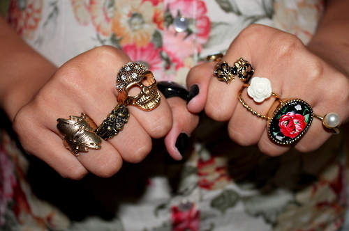 floral, gold, jewellery, rings, skull