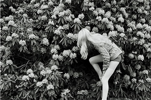 black and white, blonde and flowers