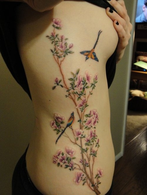 beautiful birds body art flowers side tattoo