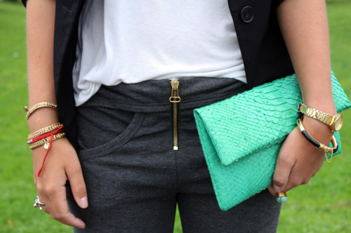 bracelets, clutch, fashion, green, jeans, pants