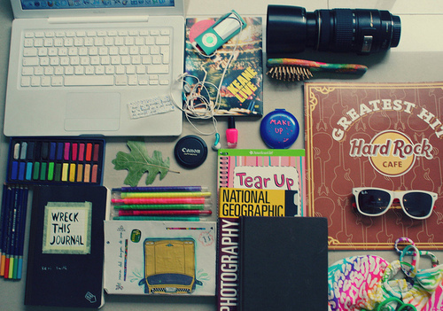 desk, diary and lens