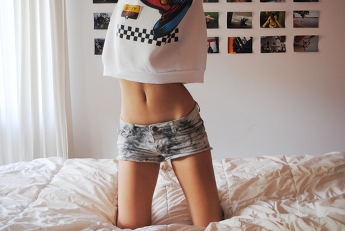 bed, body, girl, shorts, stomach, tummy