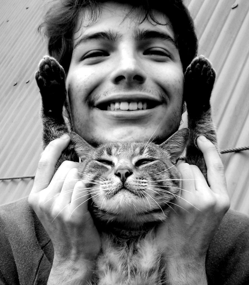 black and white, boy and cat