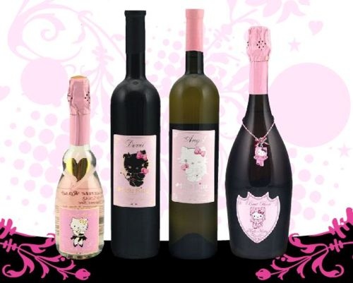 black, champagne, hello kitty, pink, red wine, white wine